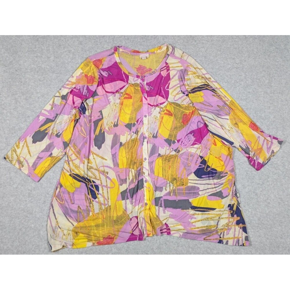 LOGO Layers Women Top 3X Nylon Mesh Sheer Abstract Wearable Art Button Front‎
